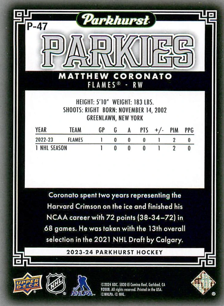 2023-24 UD Parkhurst - Matthew Coronato - Parkies #P-47