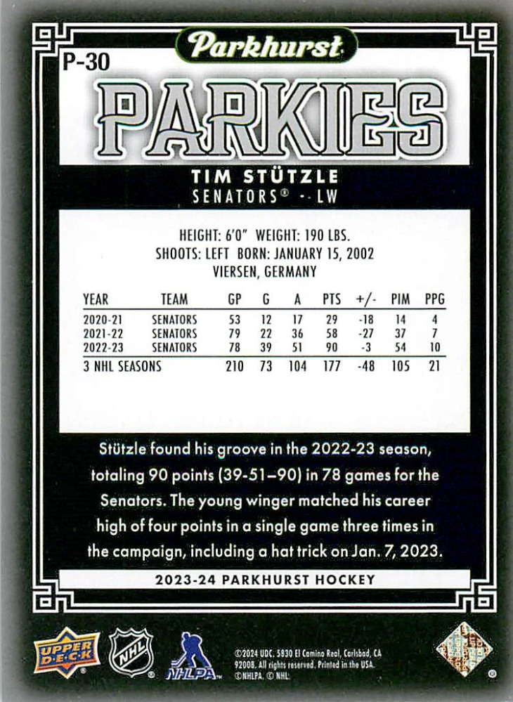 2023-24 UD Parkhurst - Tim Stutzle - Parkies #P-30