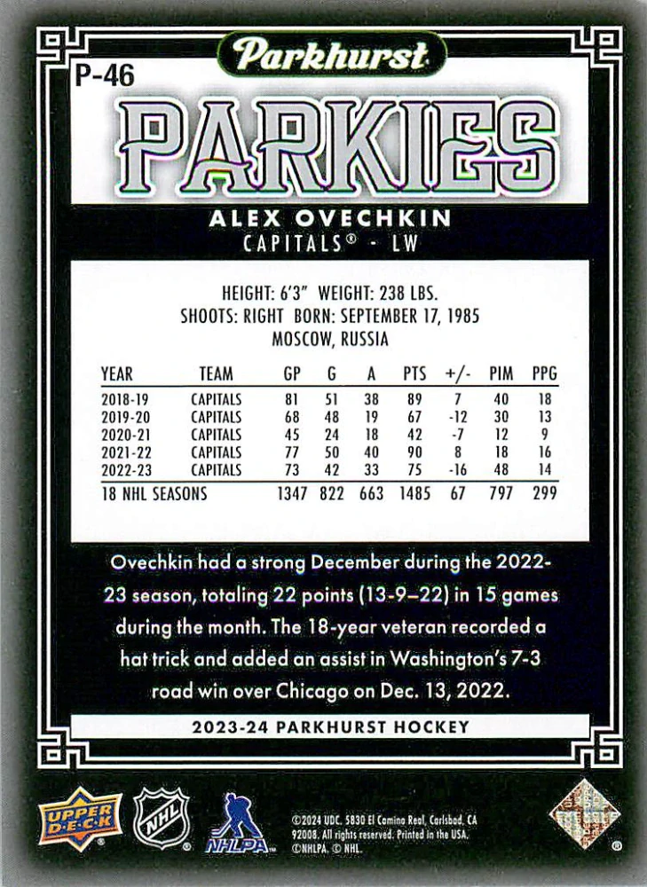 2023-24 UD Parkhurst - Alex Ovechkin - Parkies #P-46