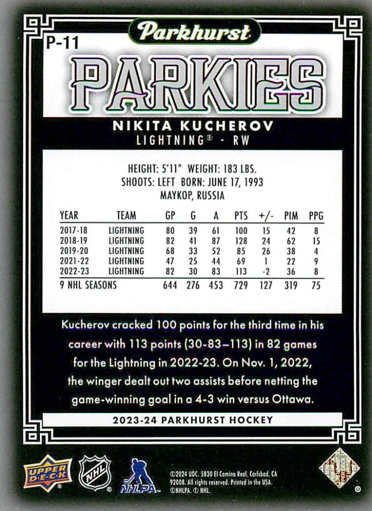 2023-24 UD Parkhurst - Nikita Kucherov - Parkies #P-11