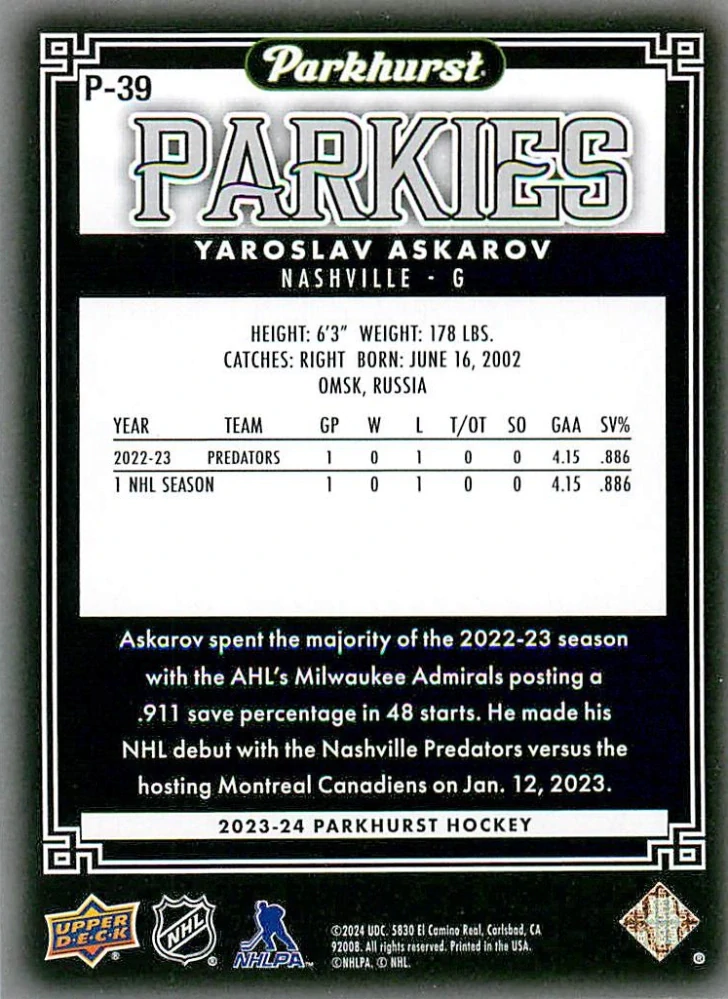 2023-24 UD Parkhurst - Yaroslav Askarov - Parkies #P-39