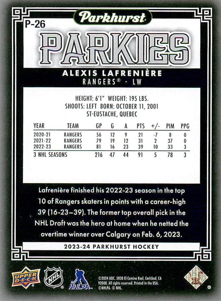 2023-24 UD Parkhurst - Alexis Lafreniere - Parkies #P-26