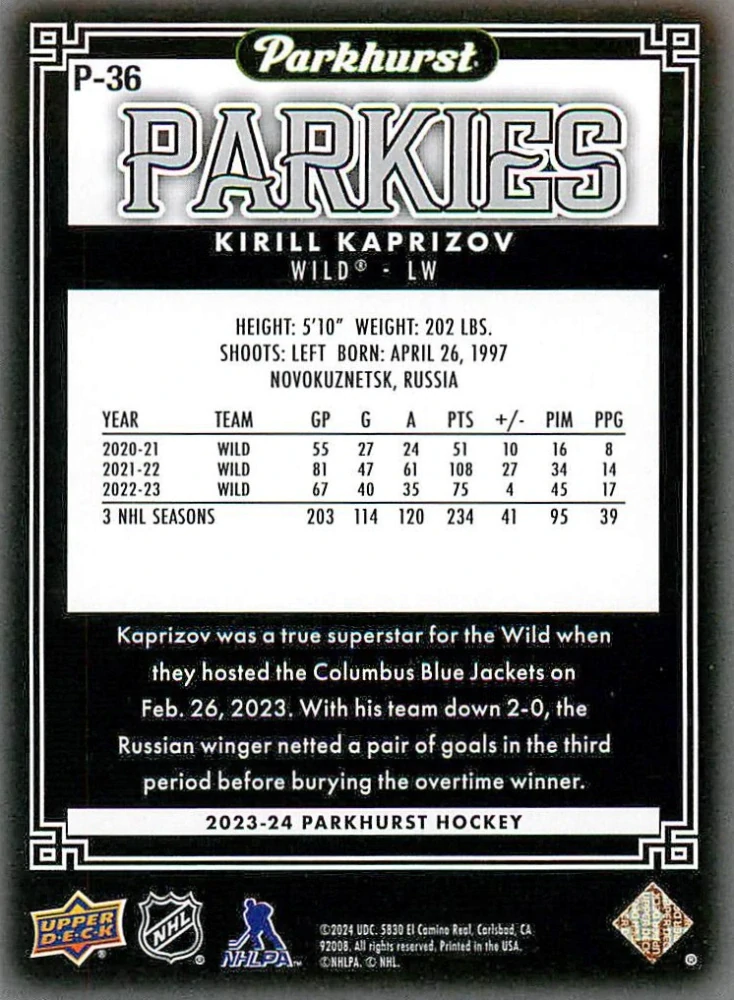 2023-24 UD Parkhurst - Kirill Kaprizov - Parkies #P-36