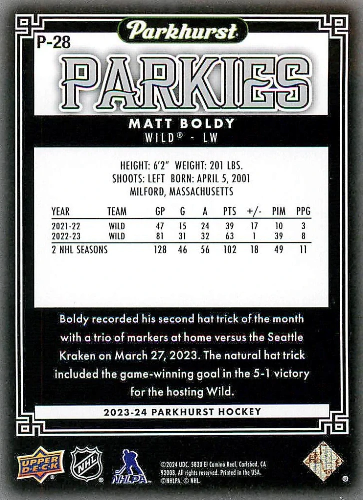 2023-24 UD Parkhurst - Matt Boldy - Parkies #P-28
