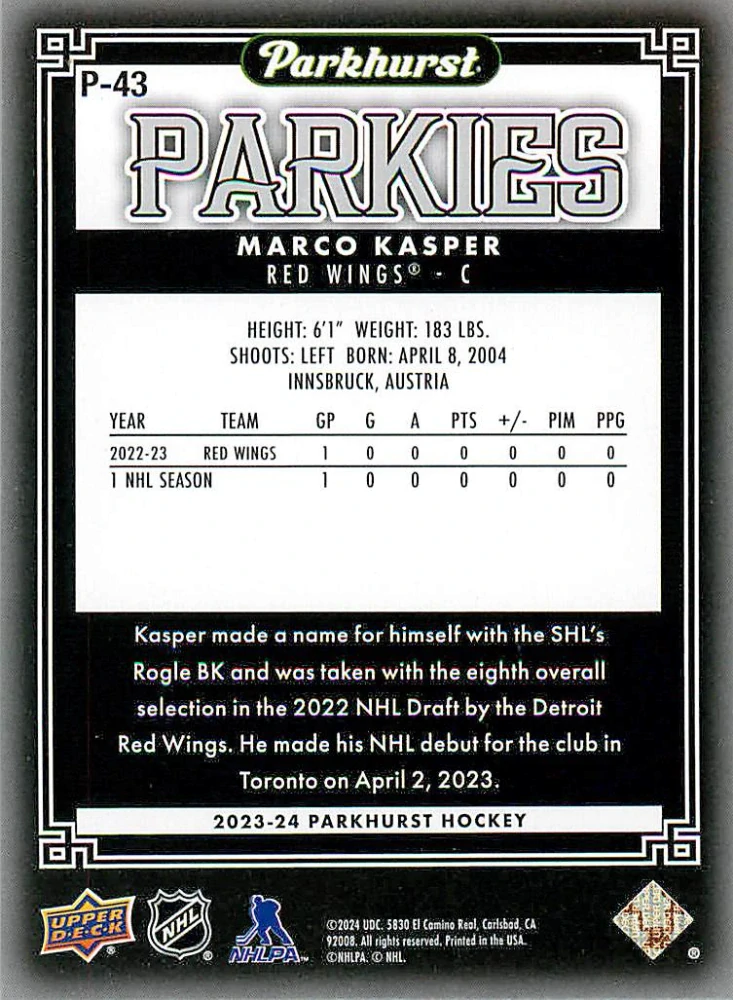 2023-24 UD Parkhurst - Marco Kasper - Parkies #P-43