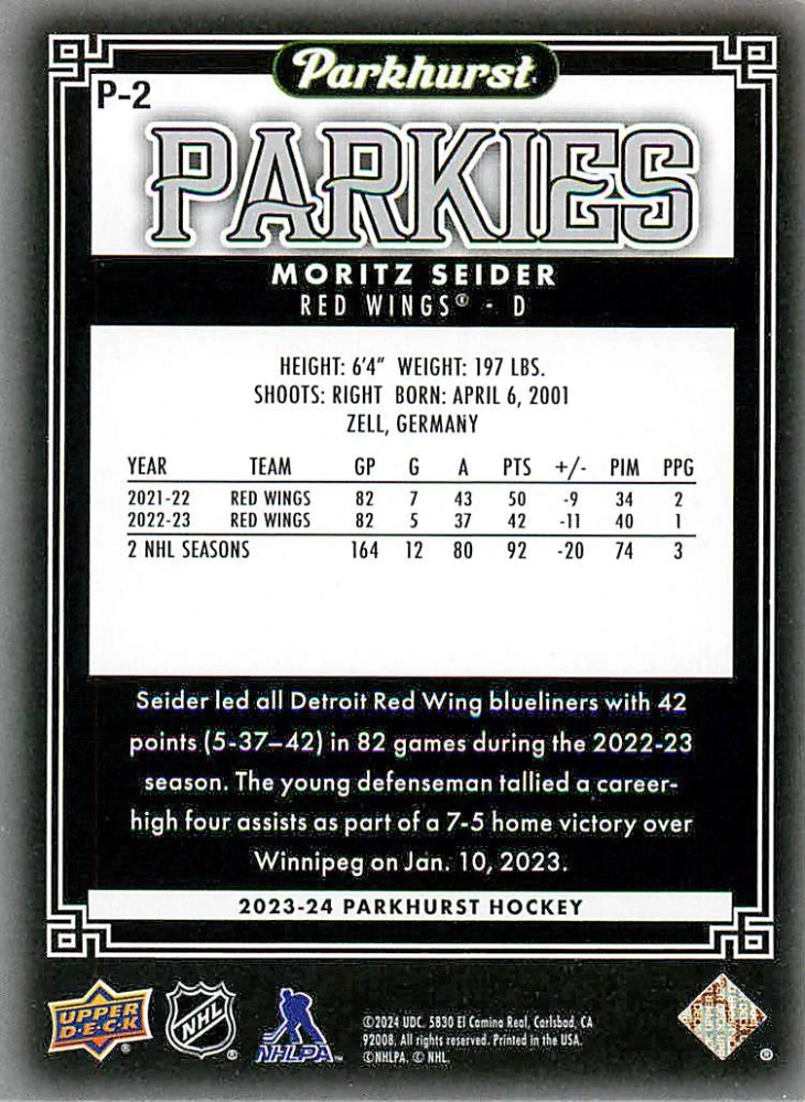 2023-24 UD Parkhurst - Moritz Seider - Parkies #P-2