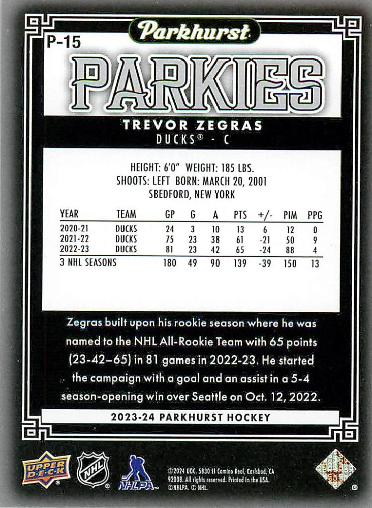 2023-24 UD Parkhurst - Trevor Zegras - Parkies #P-15