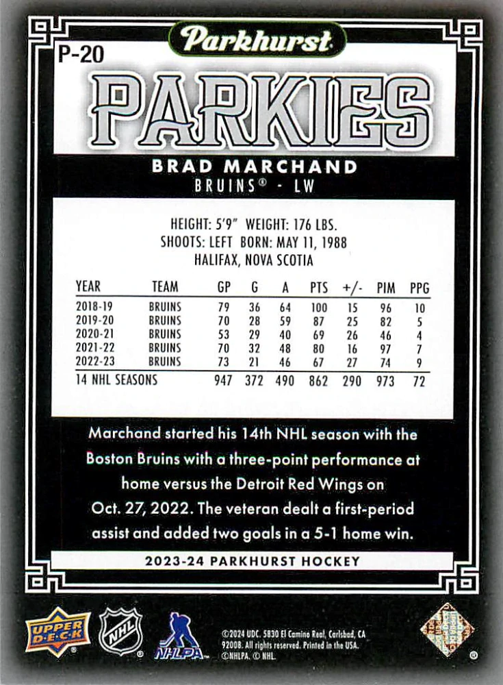 2023-24 UD Parkhurst - Brad Marchand - Parkies #P-20