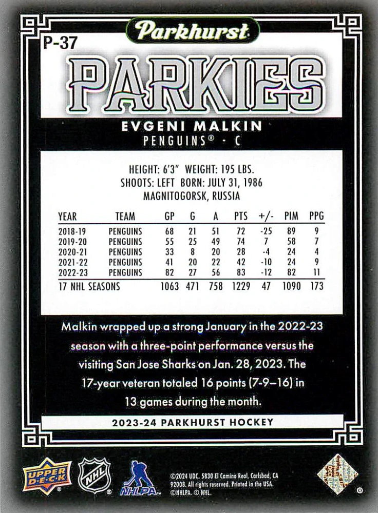 2023-24 UD Parkhurst - Evgeni Malkin - Parkies #P-37
