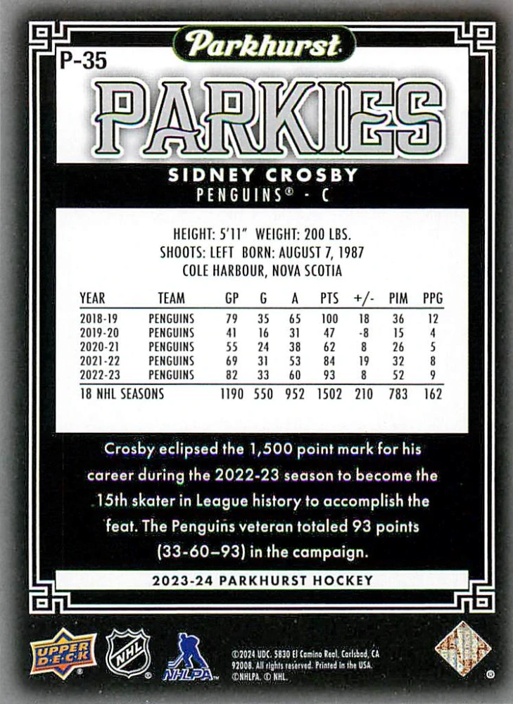 2023-24 UD Parkhurst - Sidney Crosby - Parkies #P-35