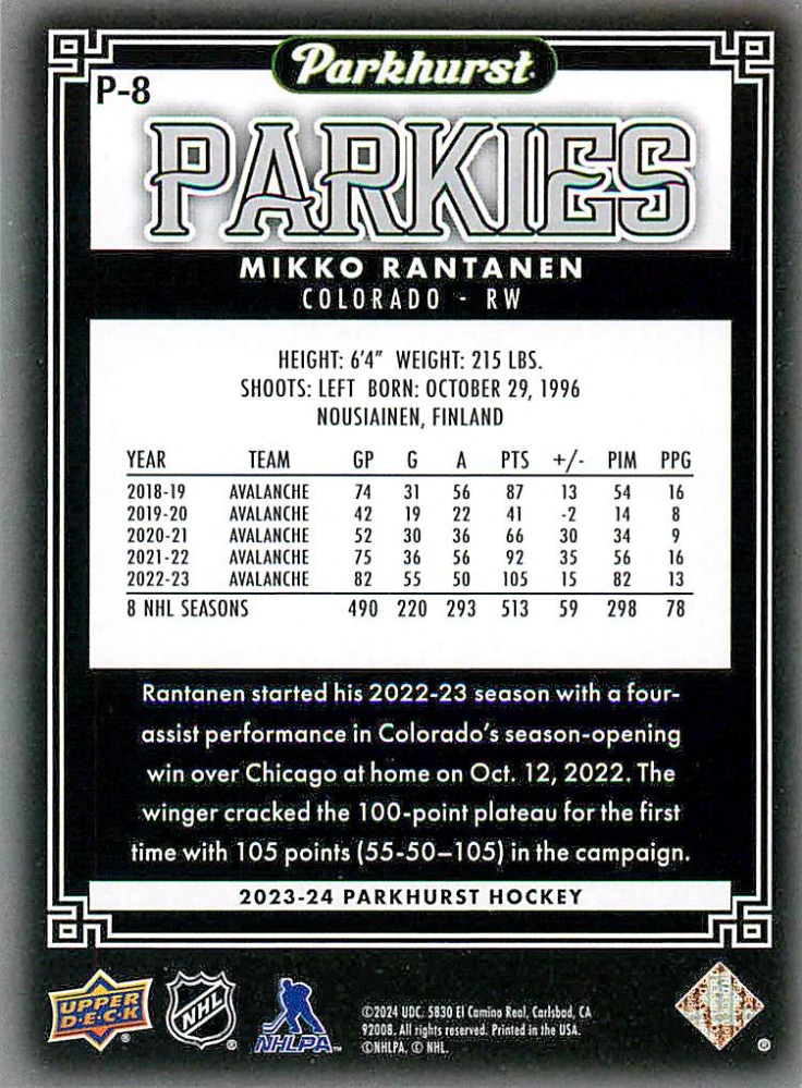 2023-24 UD Parkhurst - Mikko Rantanen - Parkies #P-8
