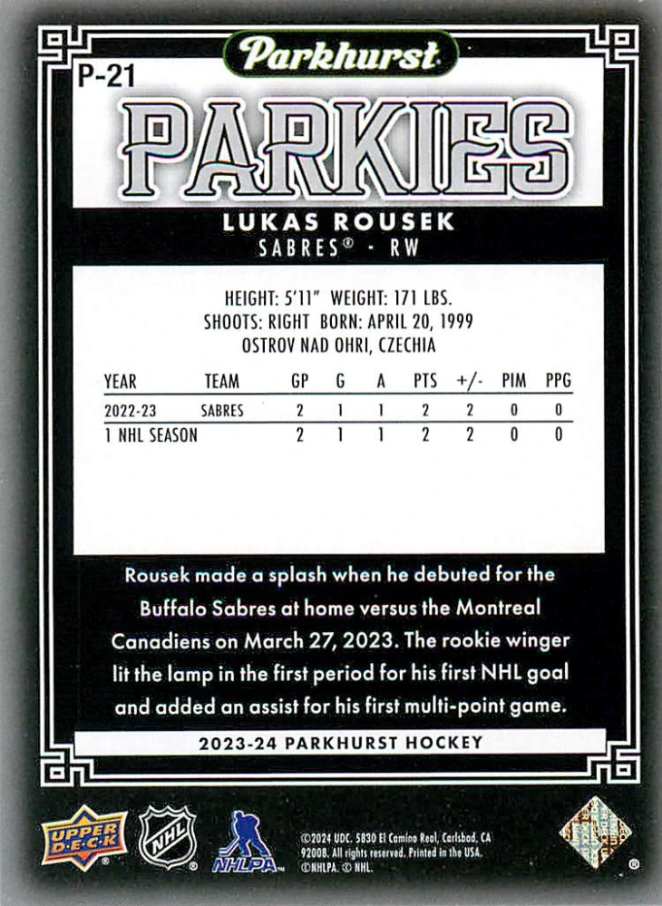 2023-24 UD Parkhurst - Lukáš Rousek - Parkies #P-21