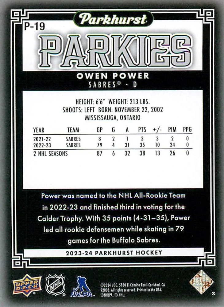 2023-24 UD Parkhurst - Owen Power - Parkies #P-19