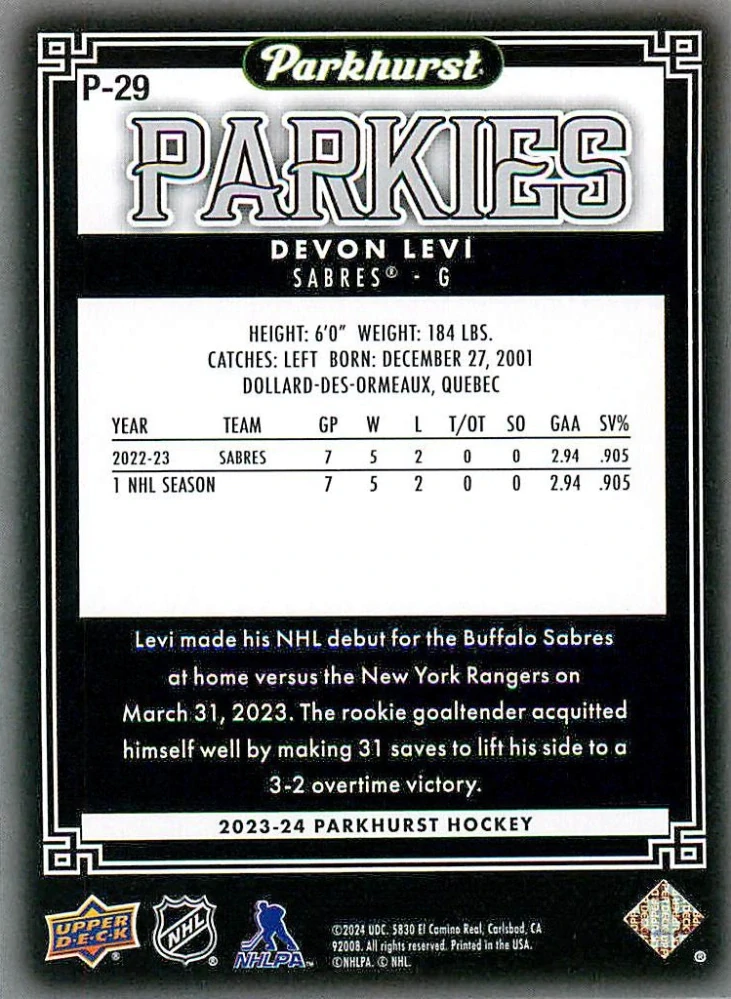 2023-24 UD Parkhurst - Devon Levi - Parkies #P-29