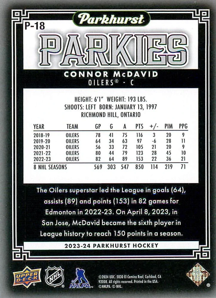 2023-24 UD Parkhurst - Connor McDavid - Parkies #P-18