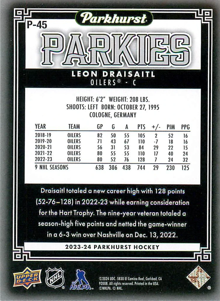 2023-24 UD Parkhurst - Leon Draisaitl - Parkies #P-45