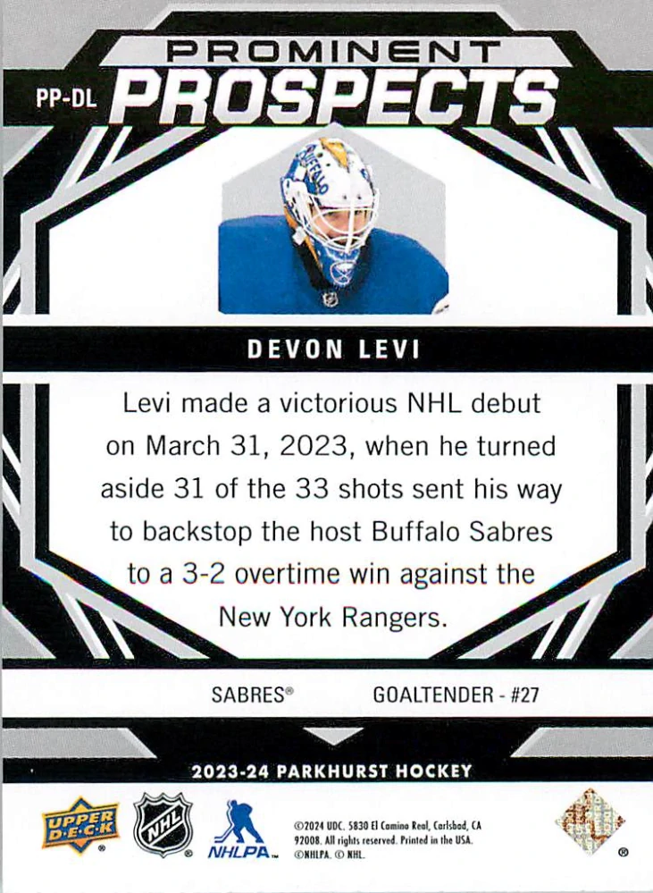 2023-24 UD Parkhurst - Devon Levi - Prominent Prospects #PP-DL