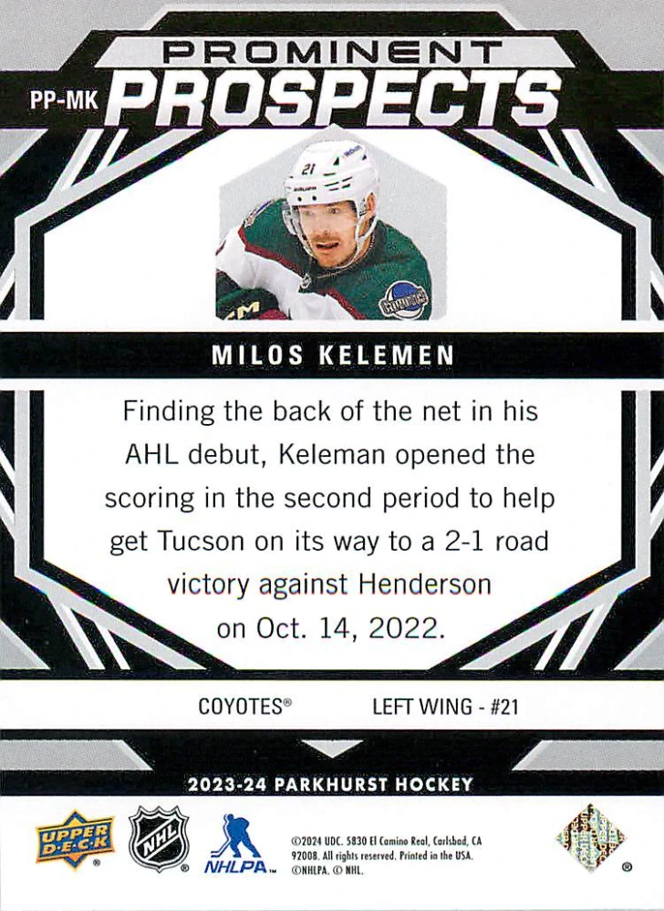 2023-24 UD Parkhurst - Miloš Kelemen - Prominent Prospects #PP-MK