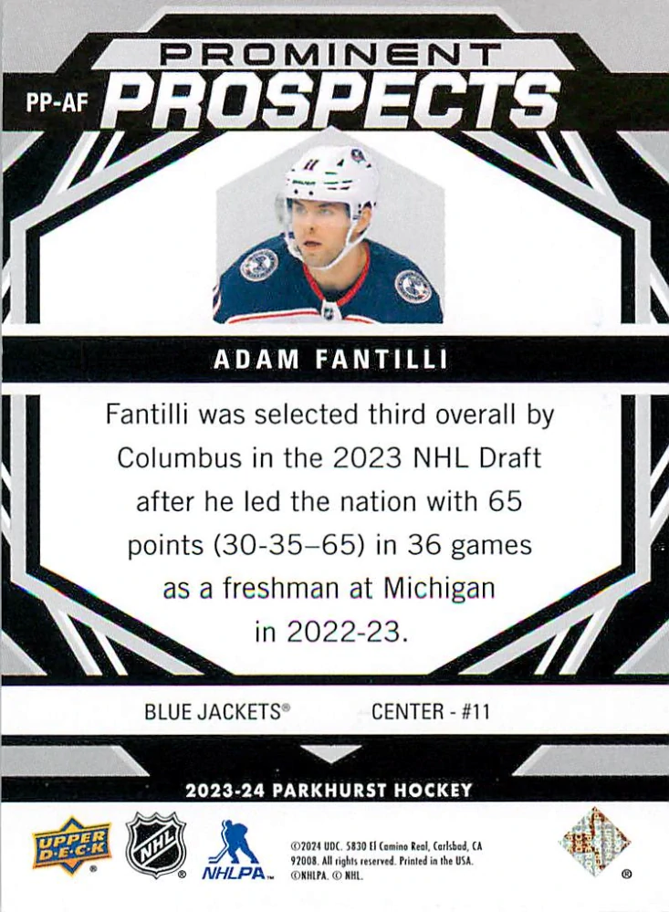 2023-24 UD Parkhurst - Adam Fantilli - Prominent Prospects #PP-AF