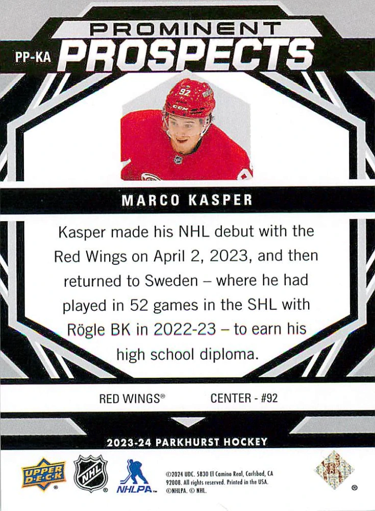 2023-24 UD Parkhurst - Marco Kasper - Prominent Prospects #PP-KA