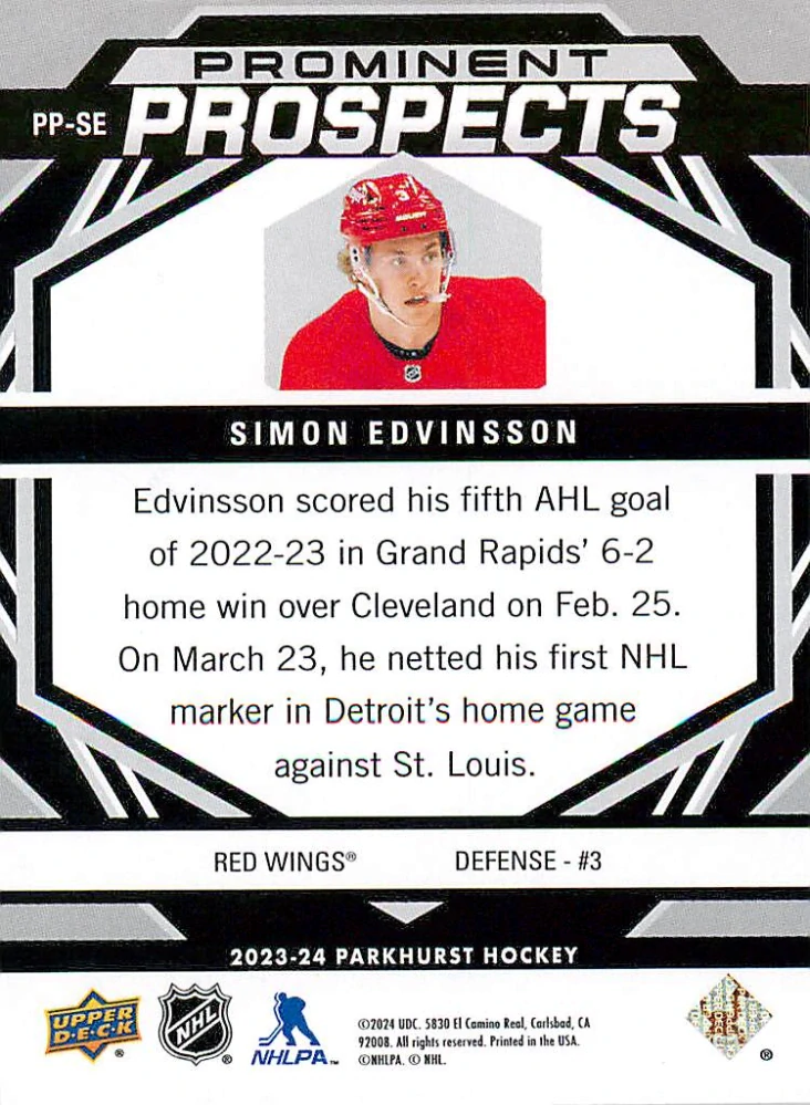 2023-24 UD Parkhurst - Simon Edvinsson - Prominent Prospects #PP-SE