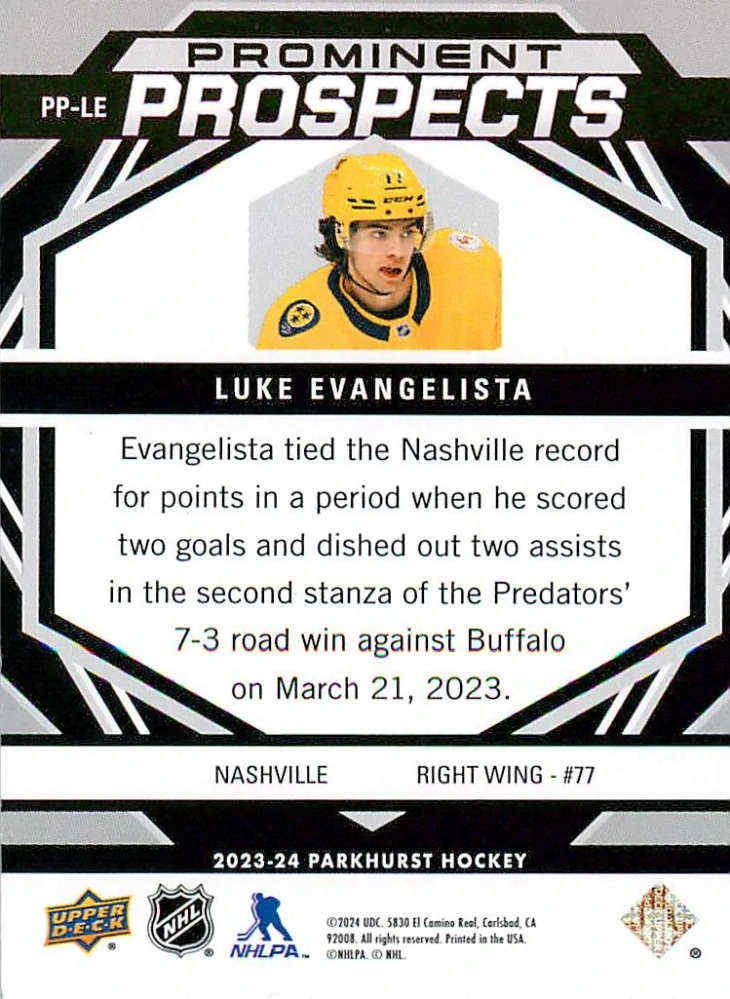 2023-24 UD Parkhurst - Luke Evangelista - Prominent Prospects #PP-LE
