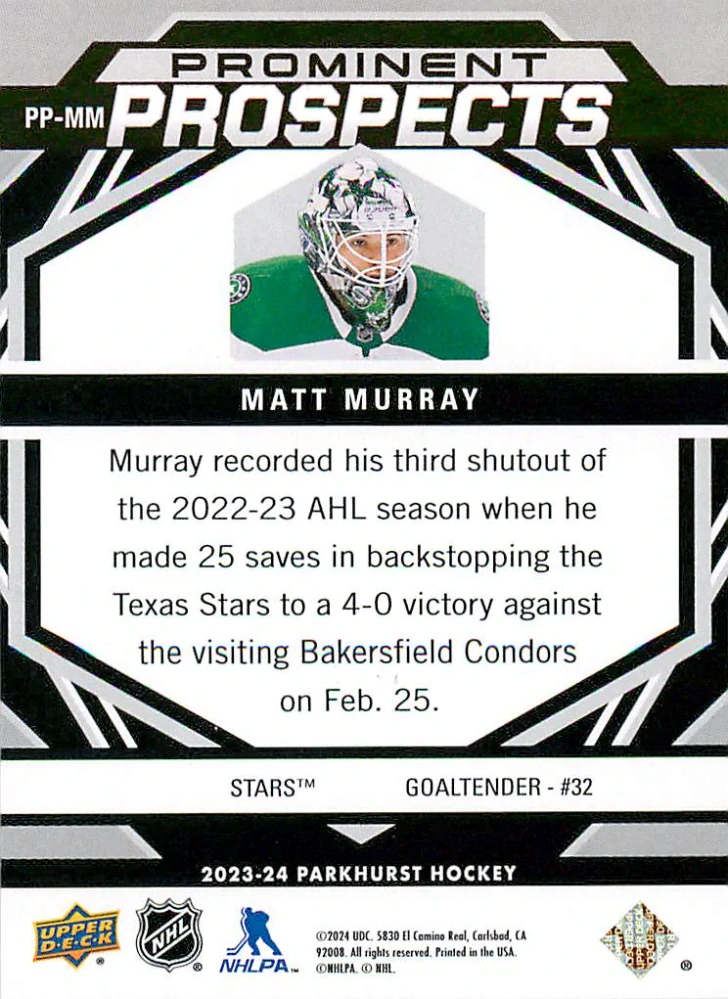 2023-24 UD Parkhurst - Matt Murray - Prominent Prospects Blue /25 #PP-MM
