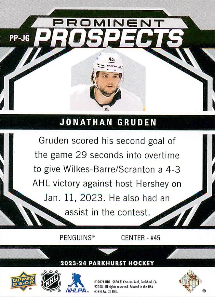 2023-24 UD Parkhurst - Jonathan Gruden - Prominent Prospects Blue /25 #PP-JG