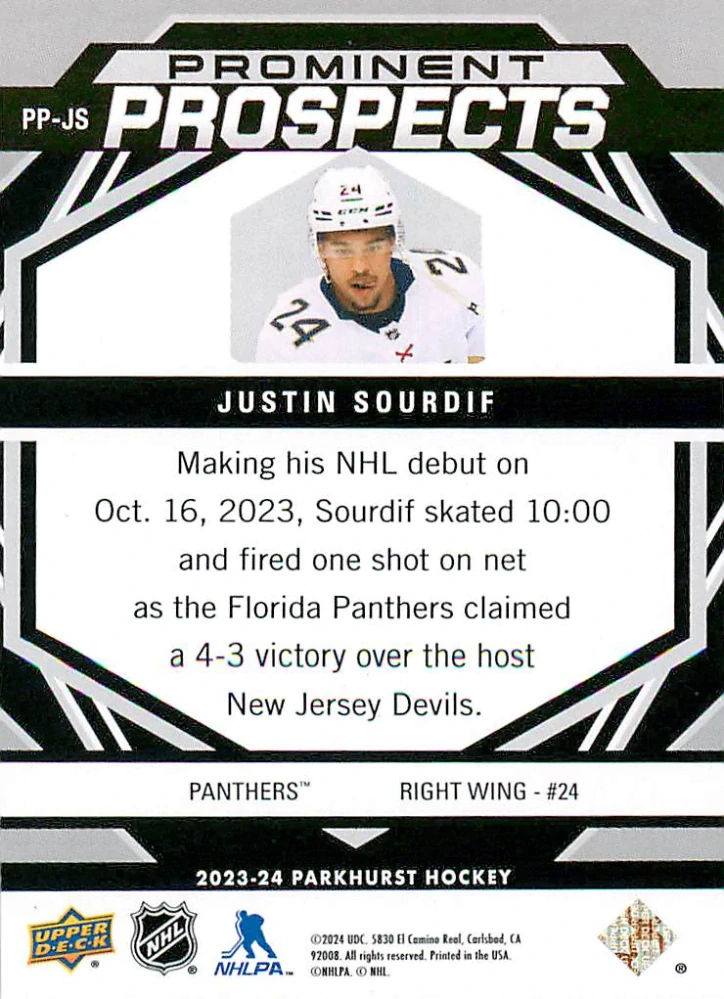 2023-24 UD Parkhurst - Justin Sourdif - Prominent Prospects Blue /25 #PP-JS
