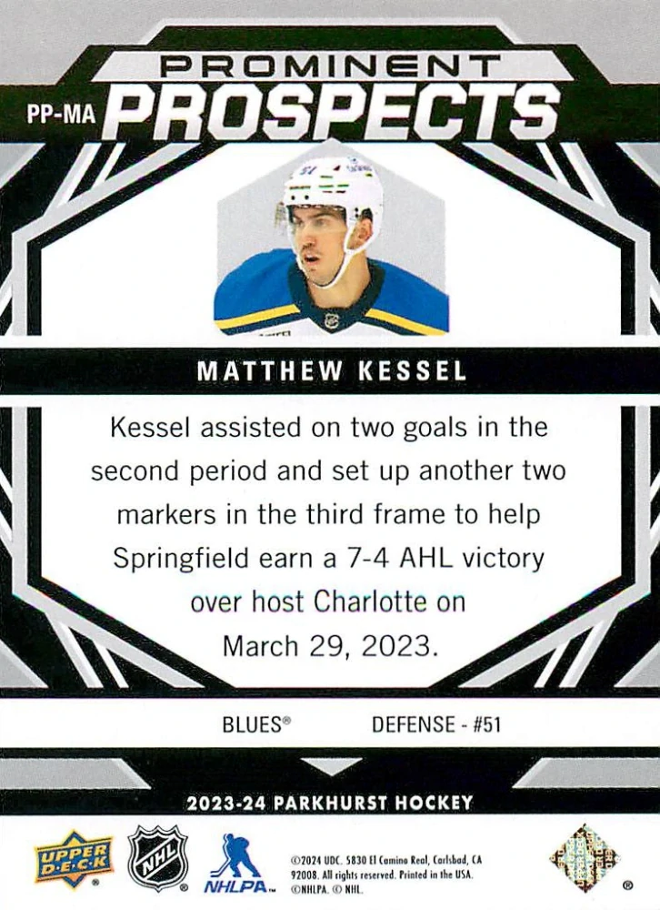 2023-24 UD Parkhurst - Matthew Kessel - Prominent Prospects Purple /99 #PP-MA