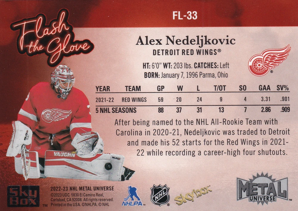 2022-23 UD Skybox Metal Universe - Alex Nedeljkovic - Flash The Glove #FL-33