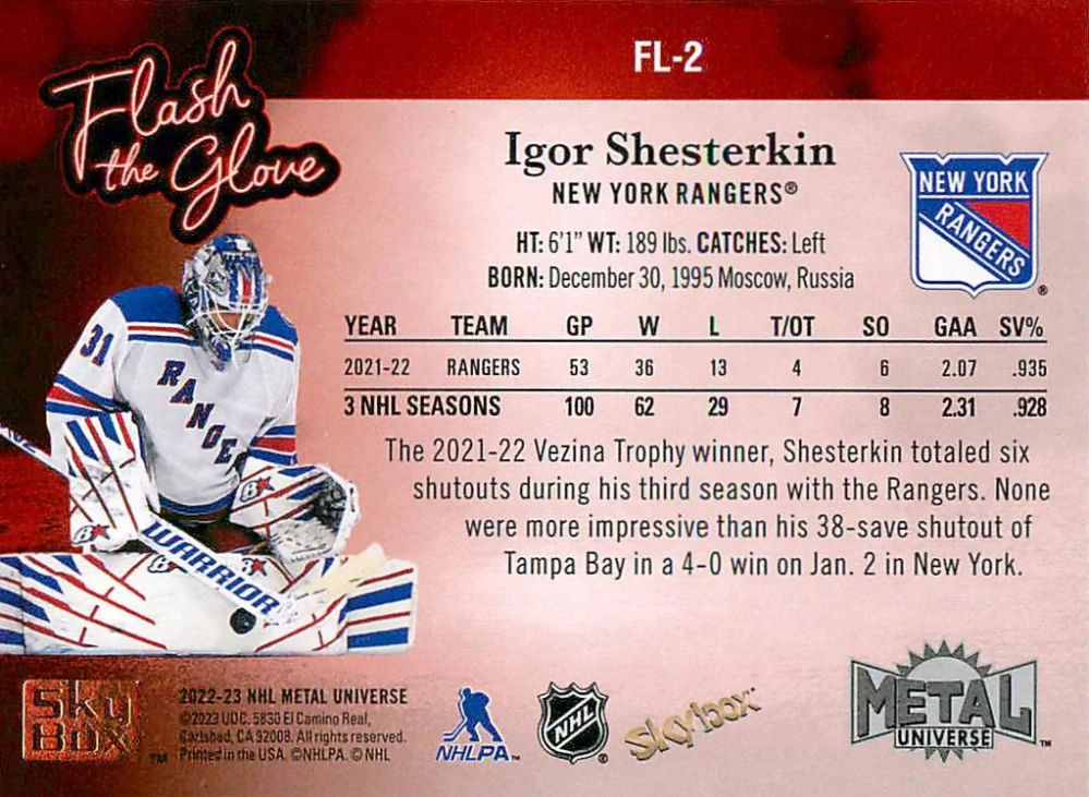 2022-23 UD Skybox Metal Universe - Igor Shesterkin - Flash The Glove #FL-2