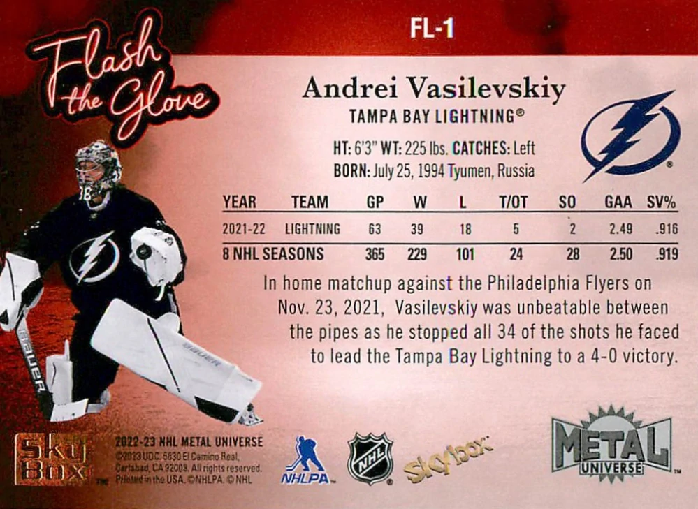 2022-23 UD Skybox Metal Universe - Andrei Vasilevskiy - Flash The Glove #FL-1