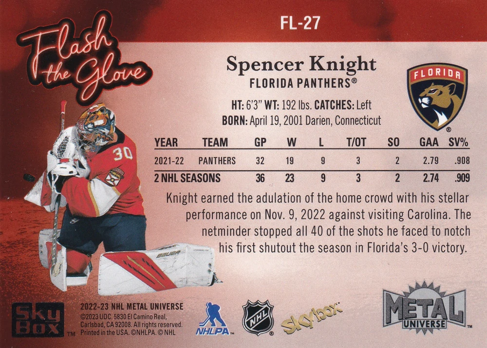 2022-23 UD Skybox Metal Universe - Spencer Knight - Flash The Glove #FL-27