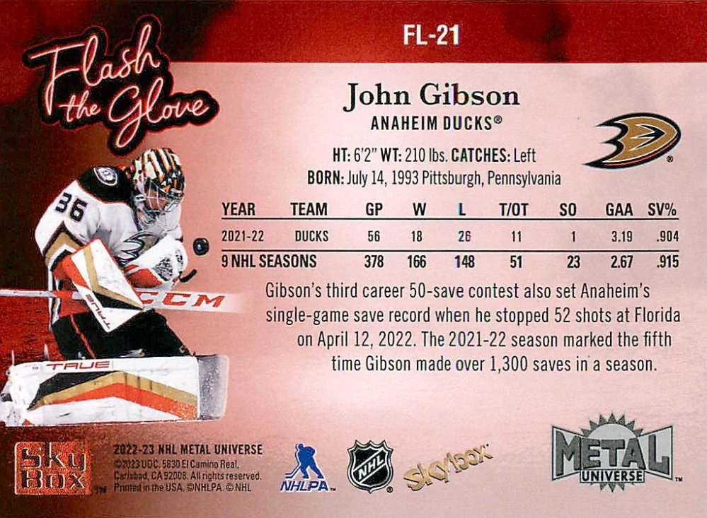 2022-23 UD Skybox Metal Universe - John Gibson - Flash The Glove #FL-21