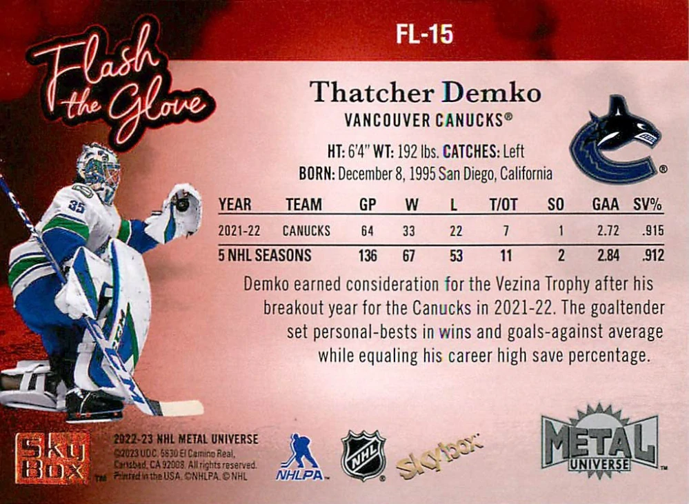 2022-23 UD Skybox Metal Universe - Thatcher Demko - Flash The Glove #FL-15