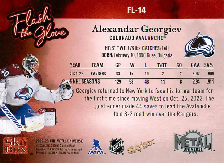2022-23 UD Skybox Metal Universe - Alexandar Georgiev - Flash The Glove #FL-14
