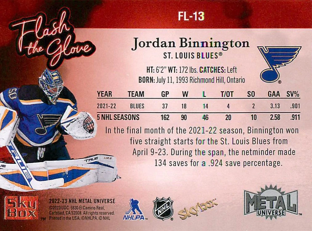 2022-23 UD Skybox Metal Universe - Jordan Binnington - Flash The Glove #FL-13