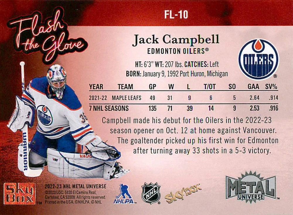 2022-23 UD Skybox Metal Universe - Jack Campbell - Flash The Glove #FL-10