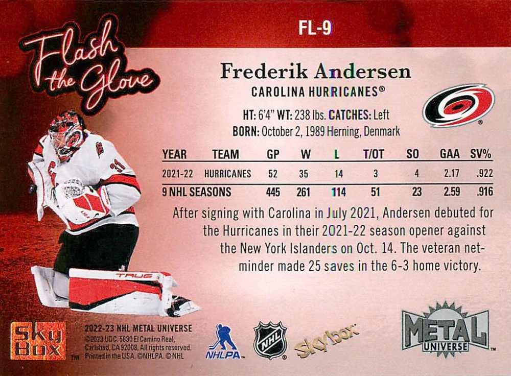 2022-23 UD Skybox Metal Universe - Frederik Andersen - Flash The Glove #FL-9