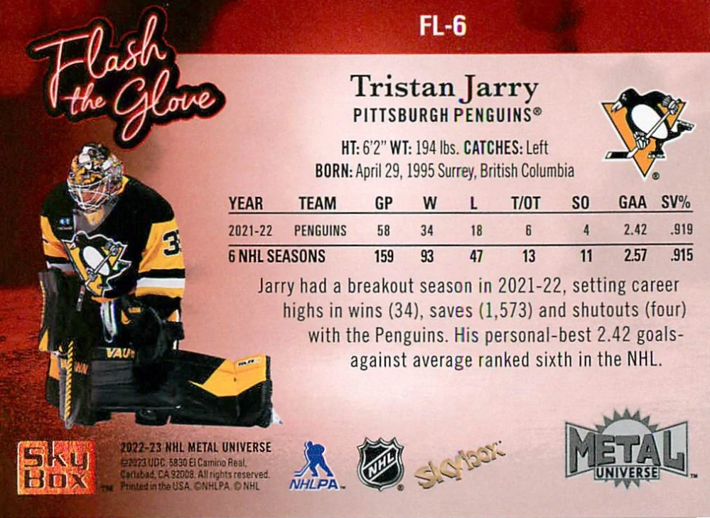 2022-23 UD Skybox Metal Universe - Tristan Jarry - Flash The Glove #FL-6
