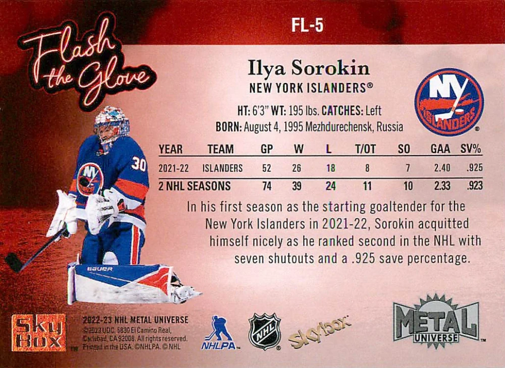2022-23 UD Skybox Metal Universe - Ilya Sorokin - Flash The Glove #FL-5
