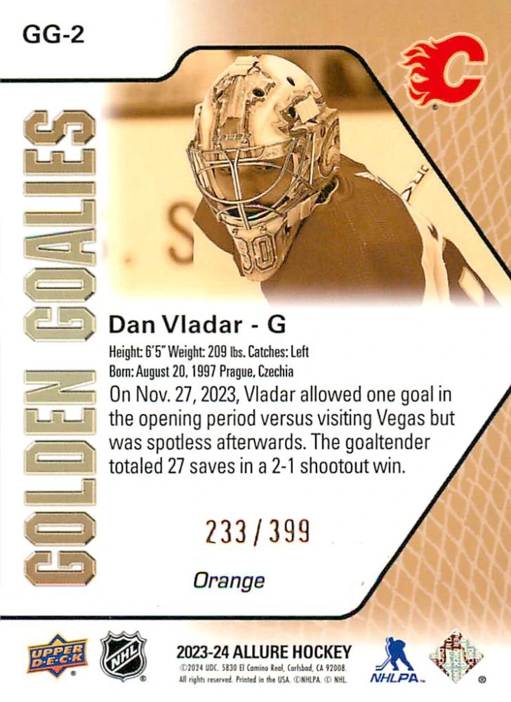 2023-24 UD Allure - Dan Vladař - Golden Goalies Orange /399 #GG-2