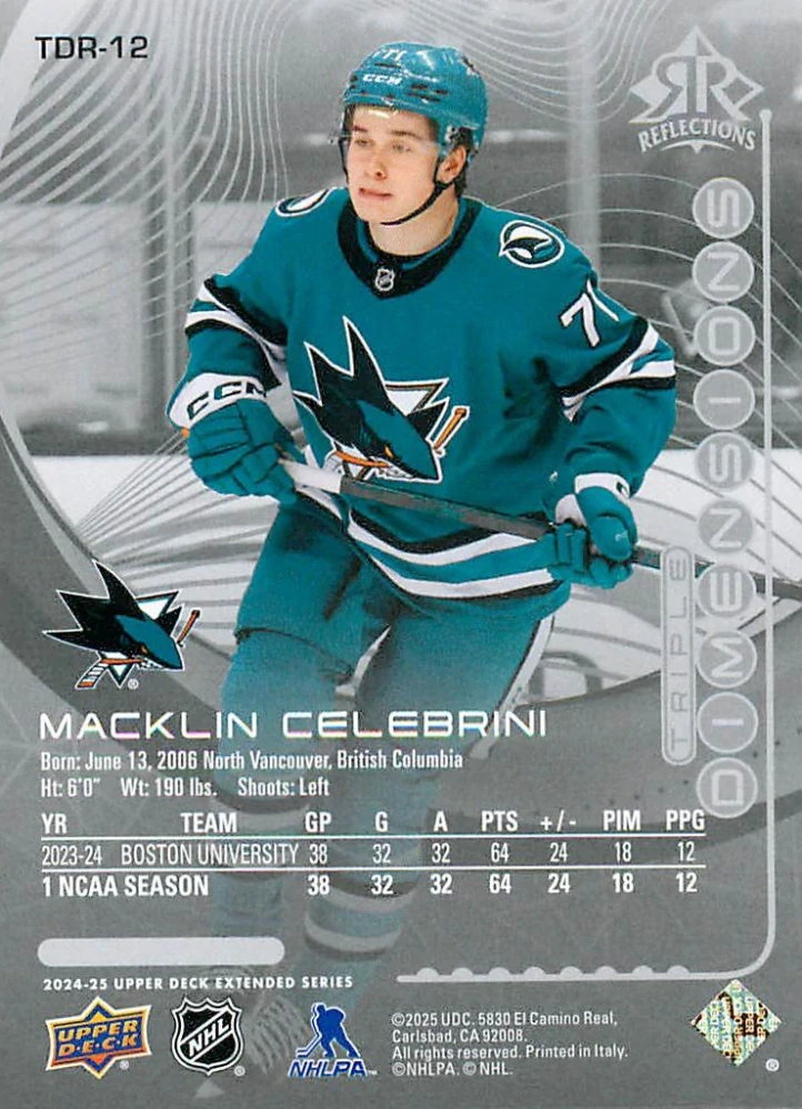 2024-25 UD Extended Series - Macklin Celebrini - Triple Dimensions Reflections #TDR-12