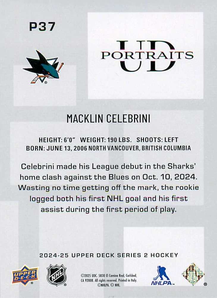 2024-25 UD Series 2 - Macklin Celebrini - UD Portraits #P37