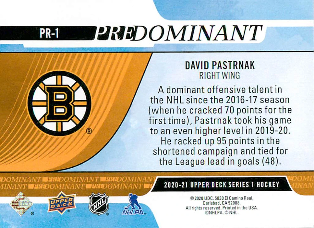 2020-21 UD Series 1 - David Pastrňák - Predominant #PR-1