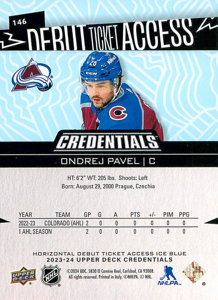 2023-24 UD Credentials - Ondřej Pavel - Debut Ticket Access Horizontal #146