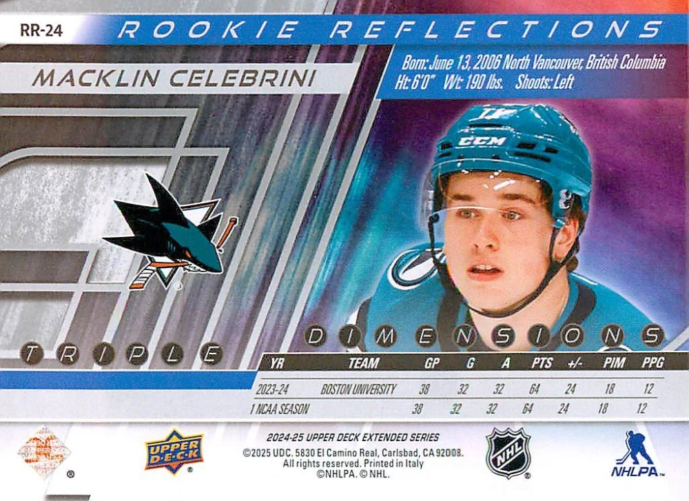 2024-25 UD Extended Series - Macklin Celebrini - Rookie Reflections #RR-24