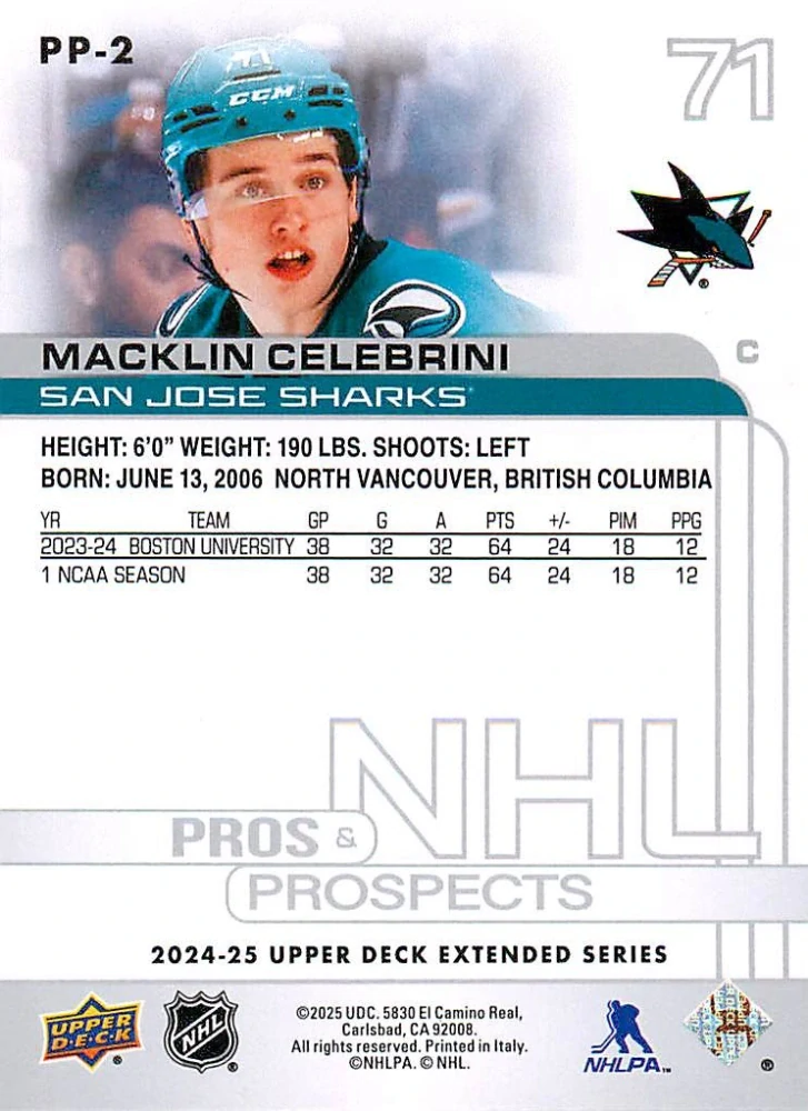 2024-25 UD Extended Series - Macklin Celebrini - Pros & Prospects #PP-2