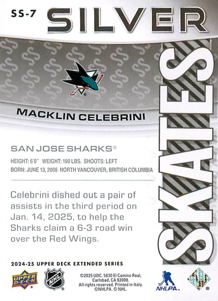2024-25 UD Extended Series - Macklin Celebrini - Silver Skates #SS-7